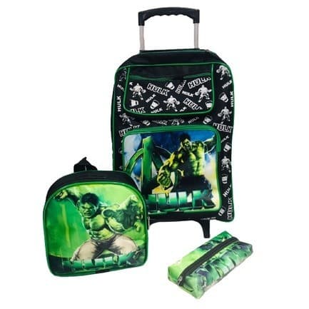 Kit Mochila Escolar Para Meninos Bolsa Hulk com Rodinhas + Lancheira e Estojo
