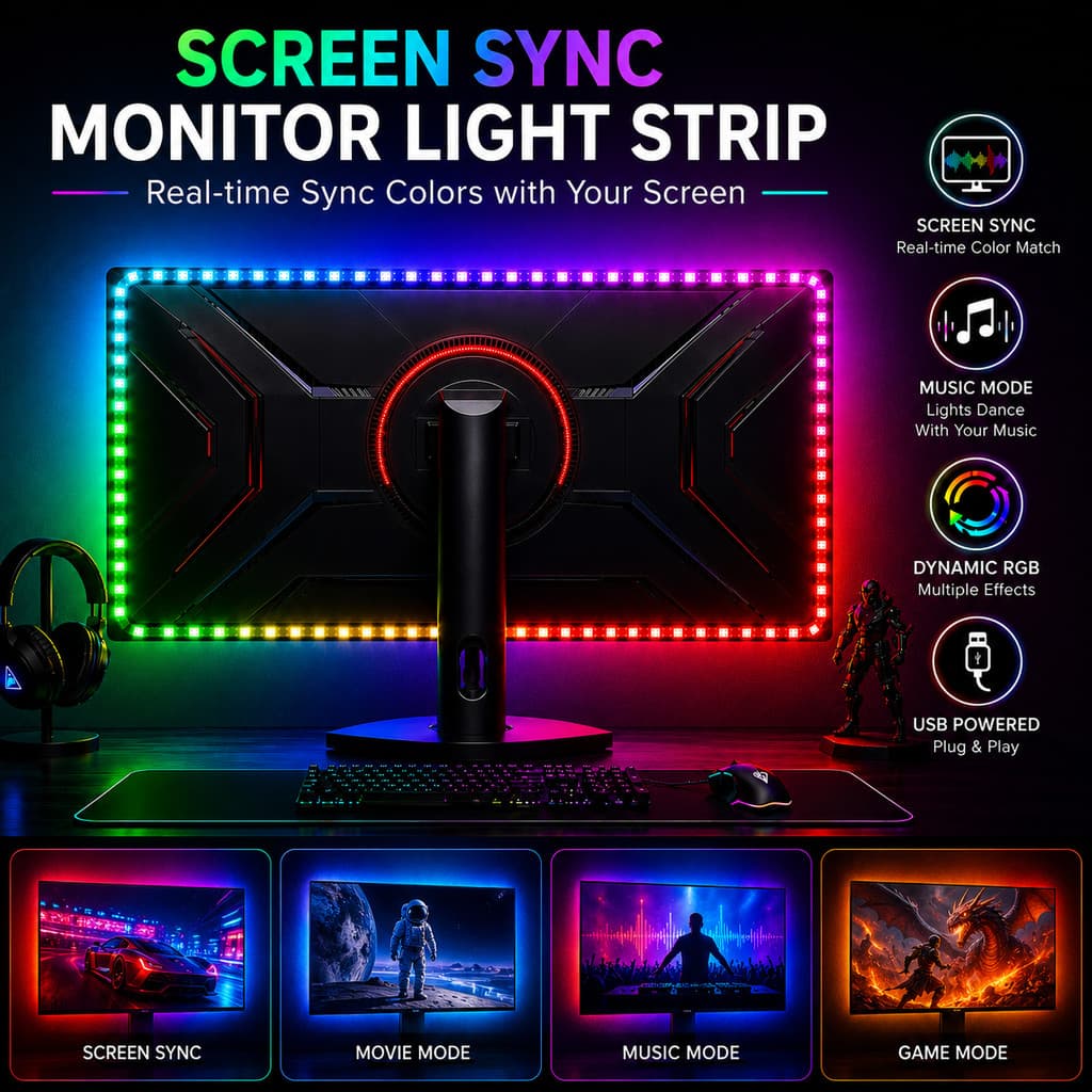 Luz De Fundo Do Monitor De Sincronização WACUAAO Para PC De 20 A 49 Polegadas , Luzes Led RGBIC Configuração De Jogos