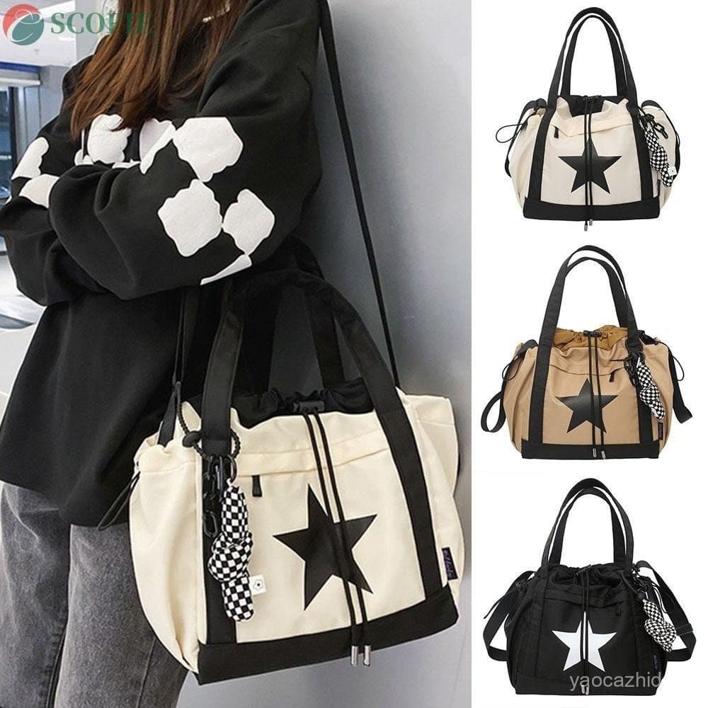 SCOFIE Bolsa de Ombro Grande Capacidade Estilo Coreano com Estrela e Cordão Casual para Mulheres e Homens
