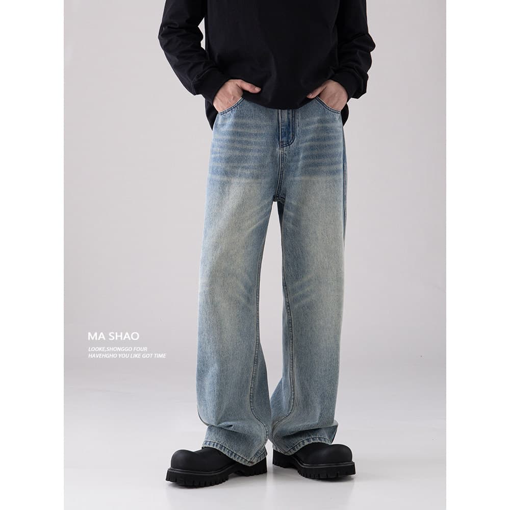 Americano Retro cleanfit luz azul Jeans masculino em linha reta solta perna larga calças compridas 2026 verão novo estil