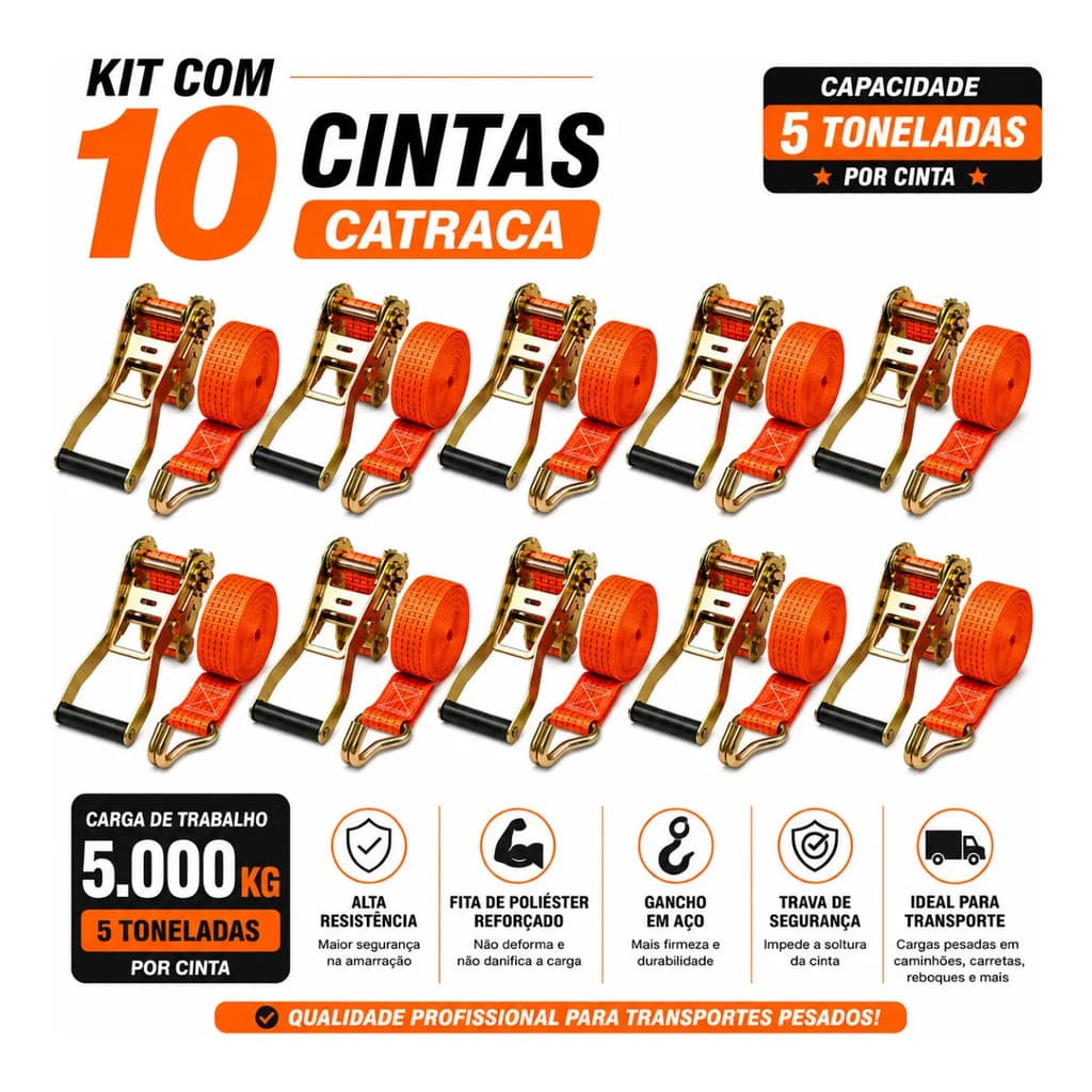 Kit 10 Catraca + 10 Cinta Amarração 5 Ton 9 Metros Rabicho J