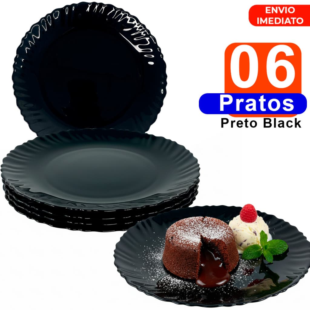 Jogo Pratos Para Sobremesa 06 Unidades em Vidro preto semelhante Duralex Resistente