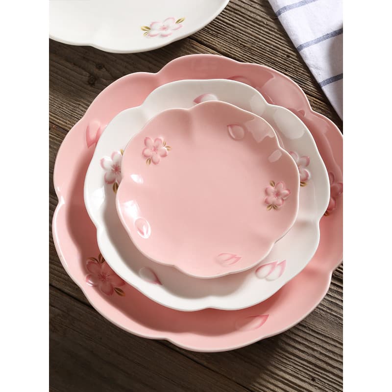 Prato de cerâmica em relevo rosa flor de cerejeira japonesa, prato de arroz doméstico, prato de vegetais, bife, prato re