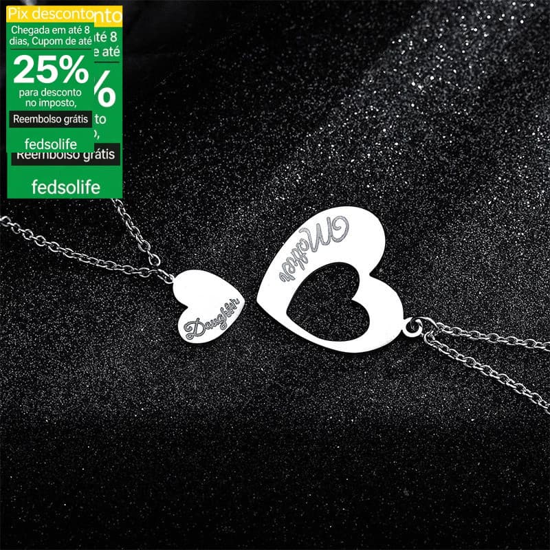 Colar Fedsolife Mãe e Filha em Aço Inox - Pingente Coração Vazado Presente Amor Eterno