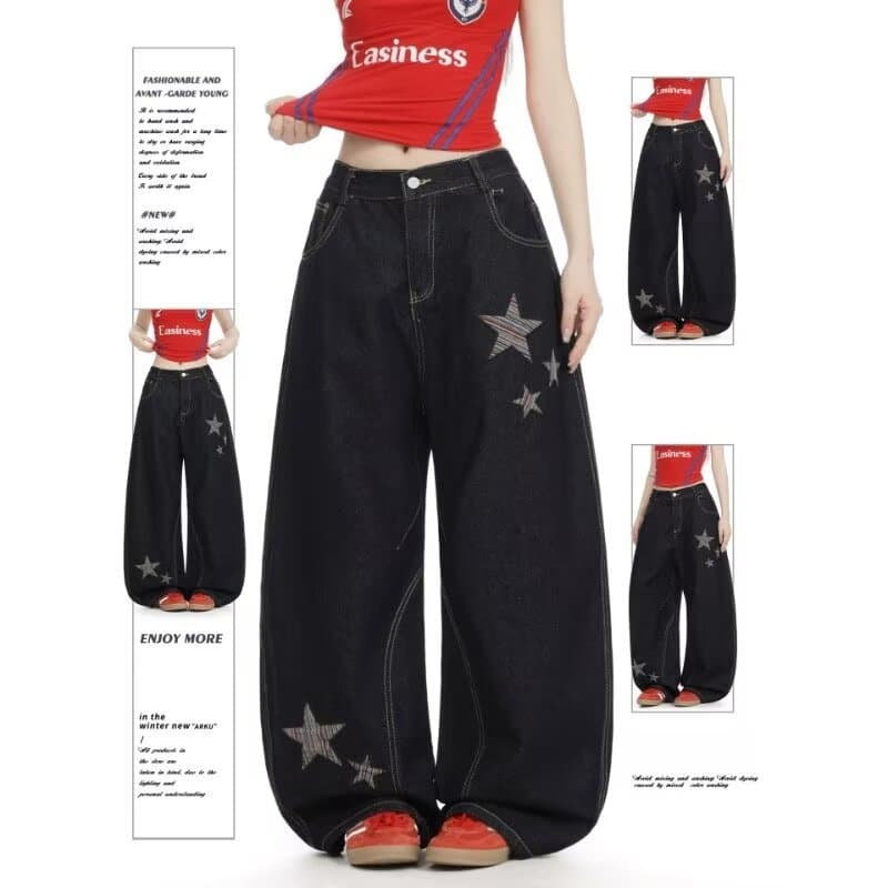 Americano Retro estrela impressão Jeans feminino High Street solto calças de perna larga masculino