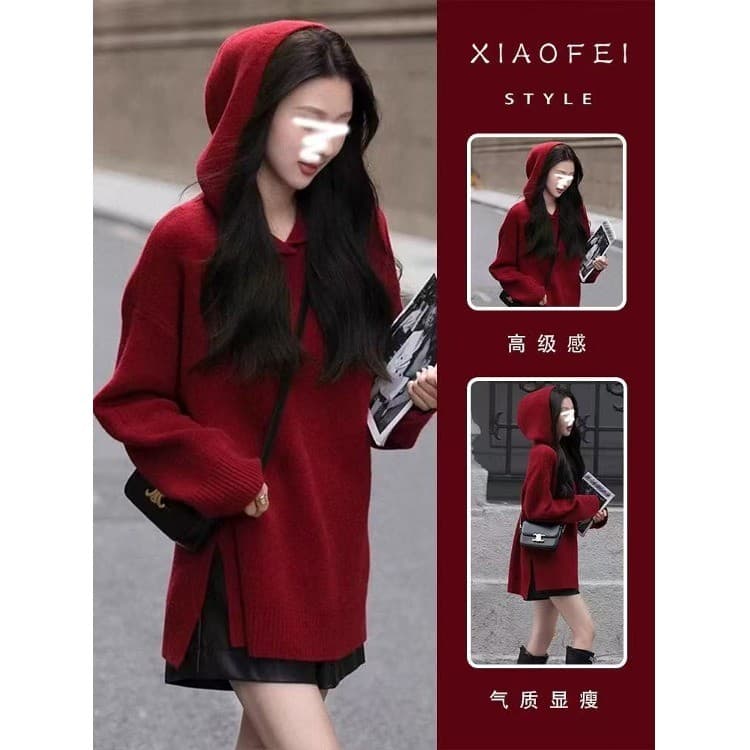 Outono inverno Super bonito vermelho meados de comprimento com capuz camisola feminina 2025 novo estilo inverno estilo p