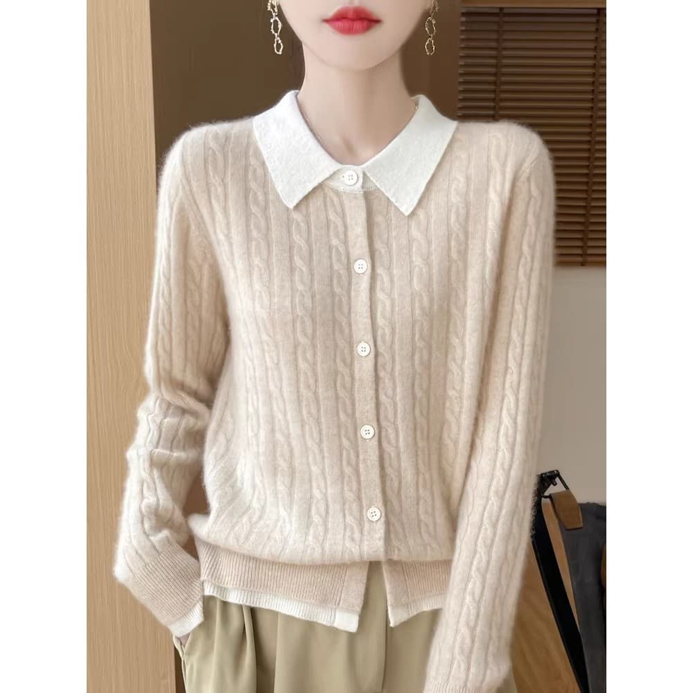 Lapela francesa de malha Cardigan feminino falso duas peças cor combinando bordado torcido manga comprida gola POLO em c