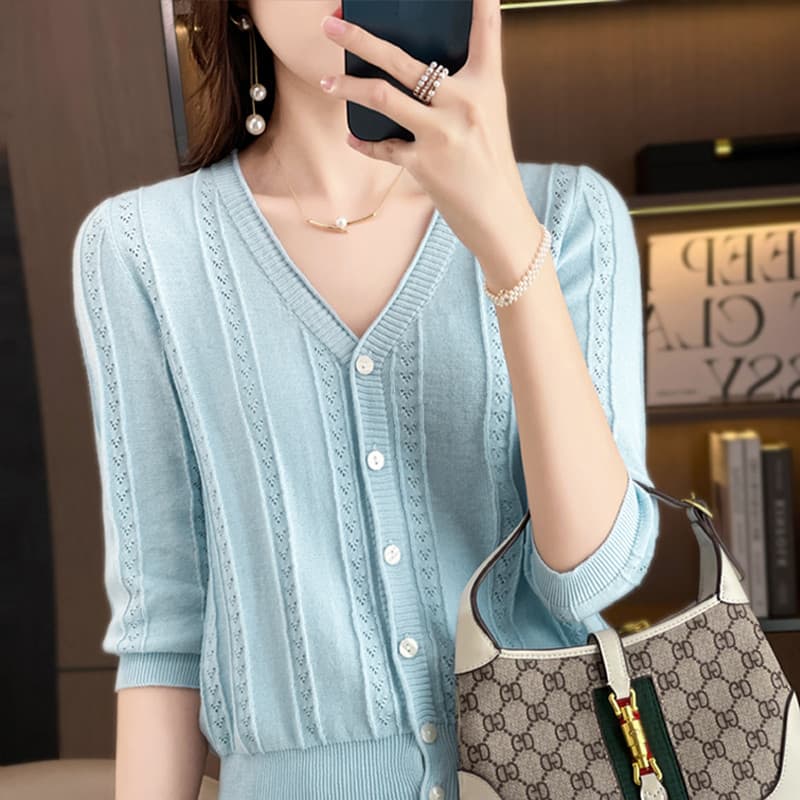Fio de algodão puro manga três quartos de malha Cardigan feminino jaqueta curta com decote em V oco curto topo exterior