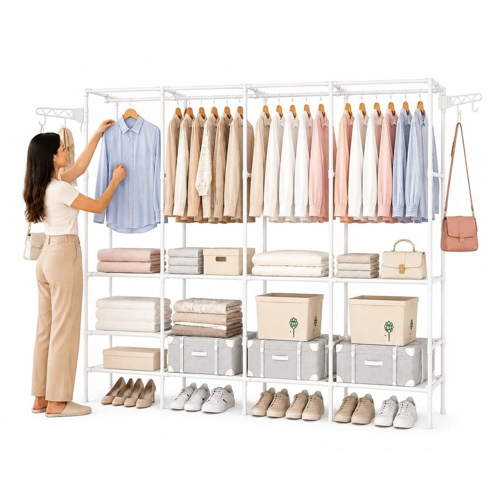 Arara Cabideiro com Sapateira e 10 Prateleiras 4 Colunas –  Organizador para Closet e Quarto de Casal Grande Branco
