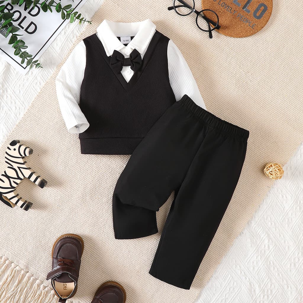 [6M-3Y] Conjunto De 2 Peças De Terno Preto Formal Para Bebês Meninos , Camisa De Gola De Manga Comprida 2 Em 1 Com Grava
