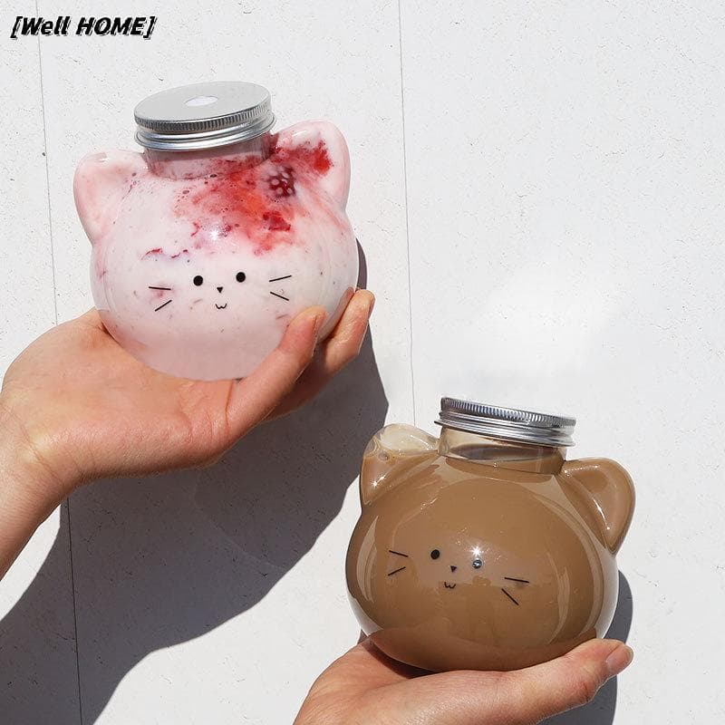[Bem Home] Garrafas De Água De Gato Kawaii Para Leite , Chá , Suco De Café , Copo Portátil Beber Transparente , Garrafa