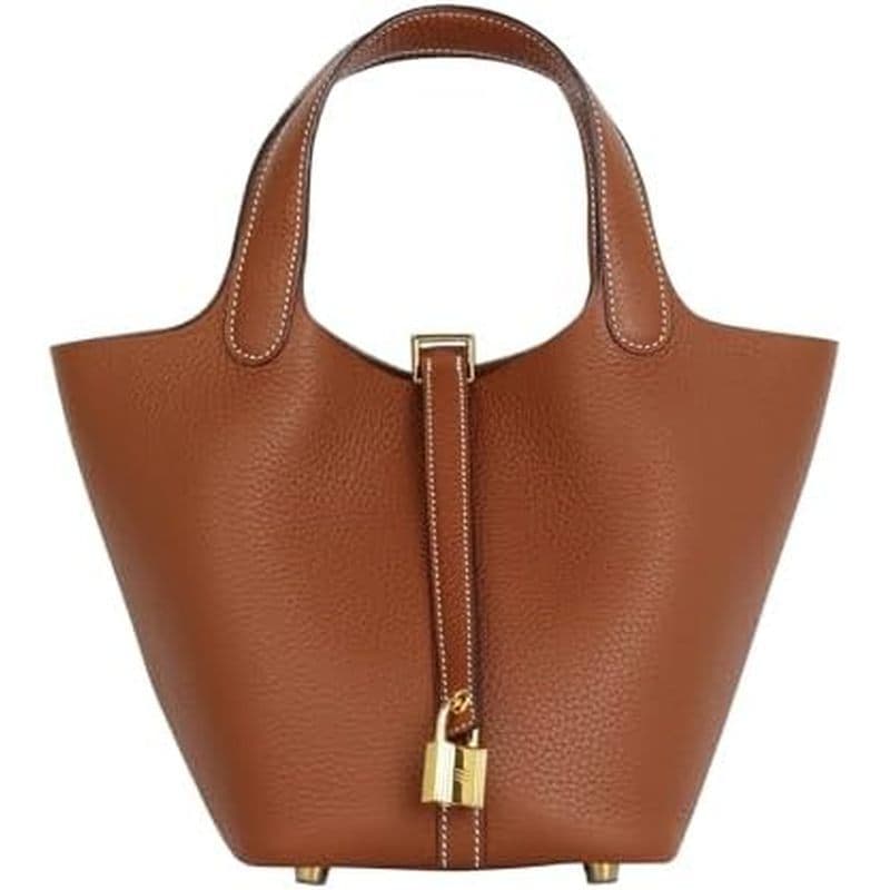 Bolsa de mercado estilo boêmio (marrom-ouro) bolsa balde de couro genuíno bolsa feminina com fivela de Metal