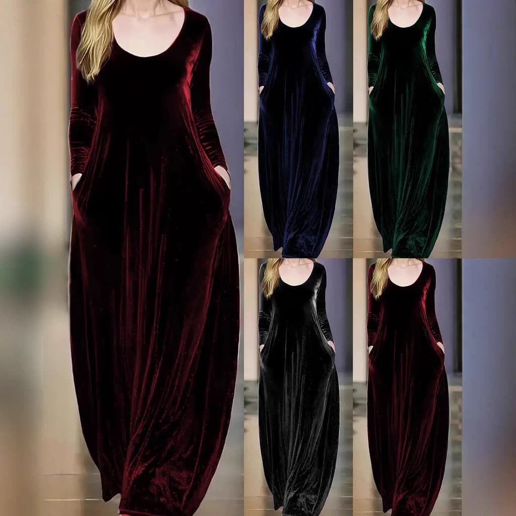 2026 outono inverno Cross-Border novo estilo em torno do pescoço veludo elegante manga comprida saia grande