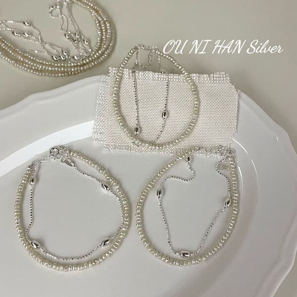 ☸Ouni coreano S925 prata esterlina francês dupla camada pérola prata feijão pulseira ins nicho Design arroz grão pulseir