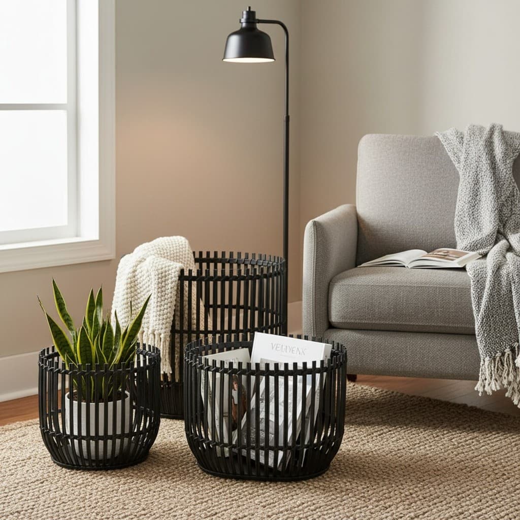 Kit 3 Cestos Rattan Preto Organizadores Decorativos para Casa