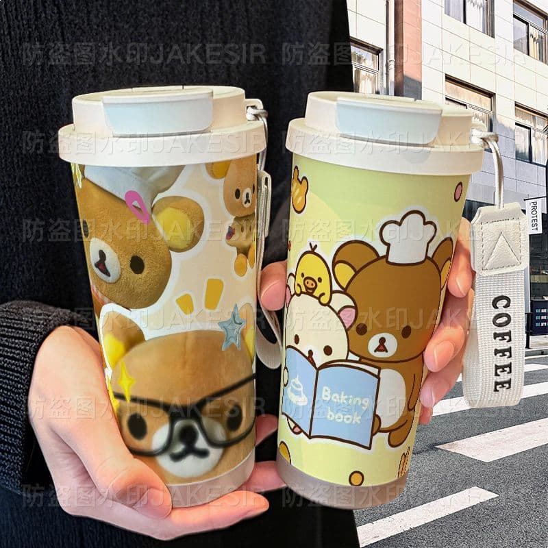 Rilakkuma bonito menina coração copo térmico de aço inoxidável estudante palha de alto valor duplo beber copo de água de