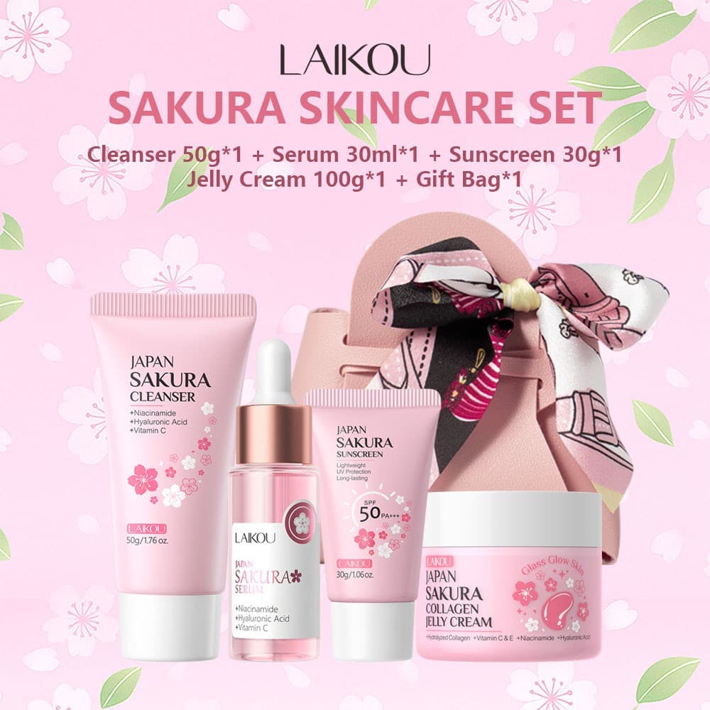 Conjunto de 5 Peças LAIKOU Sakura Skincare: Limpador Controlador de Oleosidade, Sérum Hidratante para Uniformizar o Tom