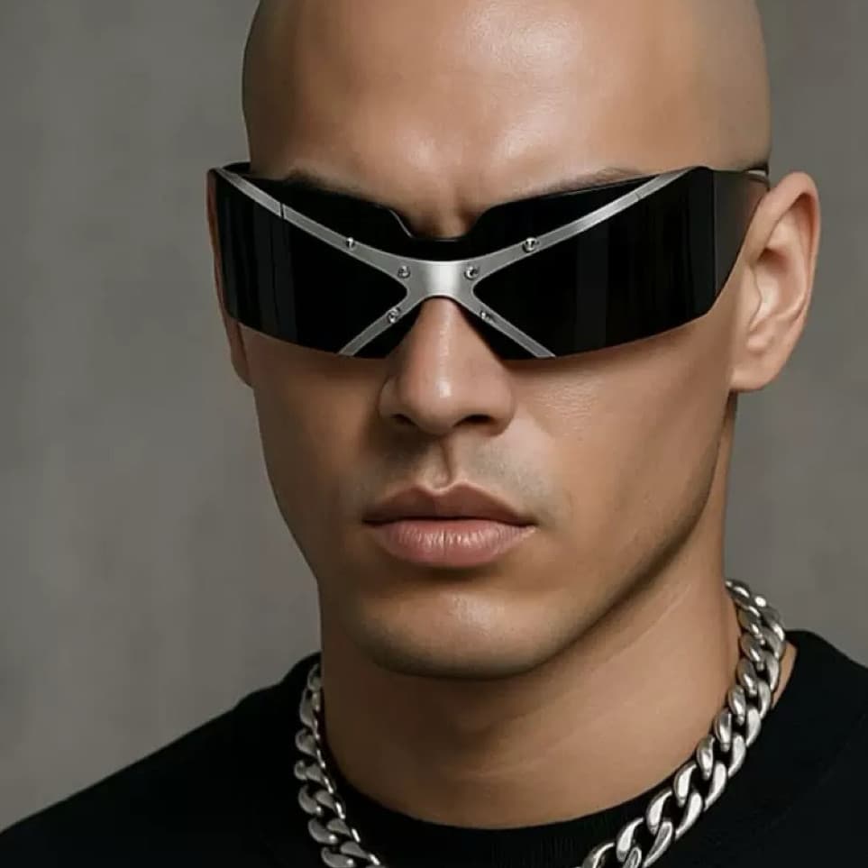 Tão legal exclusivo vanguardista alienígena X tecnologia sentido óculos de sol Hip Hop Cyber formato côncavo posando ócu