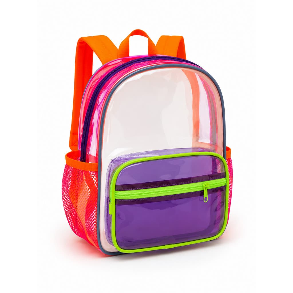 Mochila Infantil Transparente Neon PVC Cristal Colorida Escolar Passeio Viagem Menina Menino