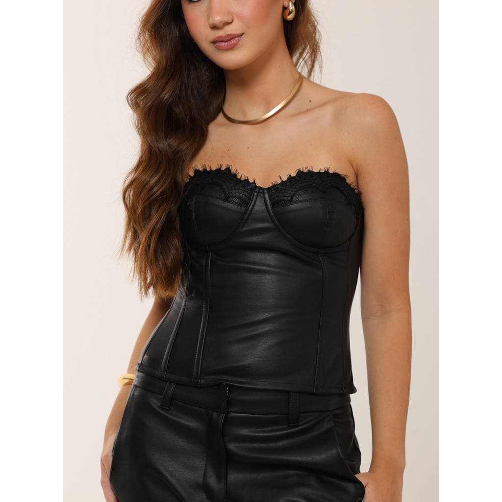 Top Corset Bella Tomara Que Caia em Couro PU com Renda e Barbatanas