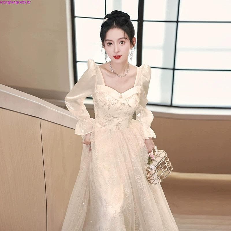 Champanhe Vestido De Noite De Manga Comprida Para Mulheres Elegante Flor Bordado Banquete Magro Vestidos De Princesa Fes