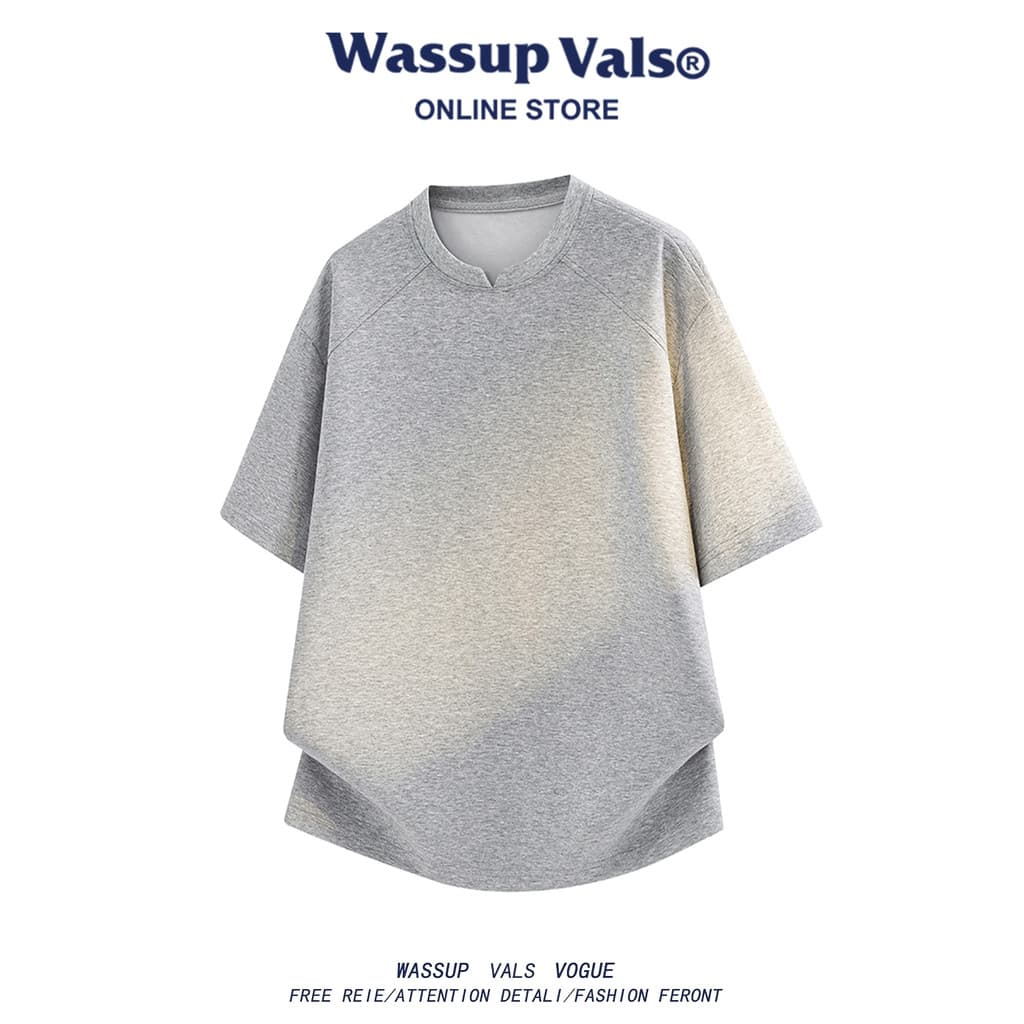 WASSUP VALS Americano Retro Minimalista Estilo Casual Camiseta de Manga Curta Masculina Verão Solto Gola Redonda Costura