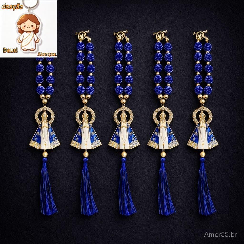 Kit com 5 Dezena Para Retrovisor Terço Nossa Senhora Aparecida Azul 25cm（Dar chaveiro）