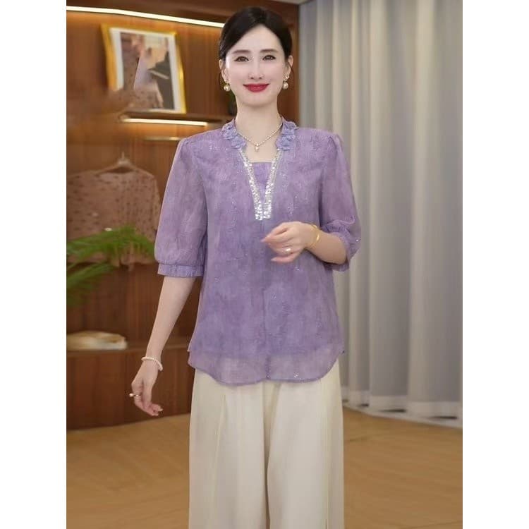 Estilo ocidental mãe novo estilo verão bordado camiseta pequena dupla camada de meia-idade mulheres idosas moda All-Matc