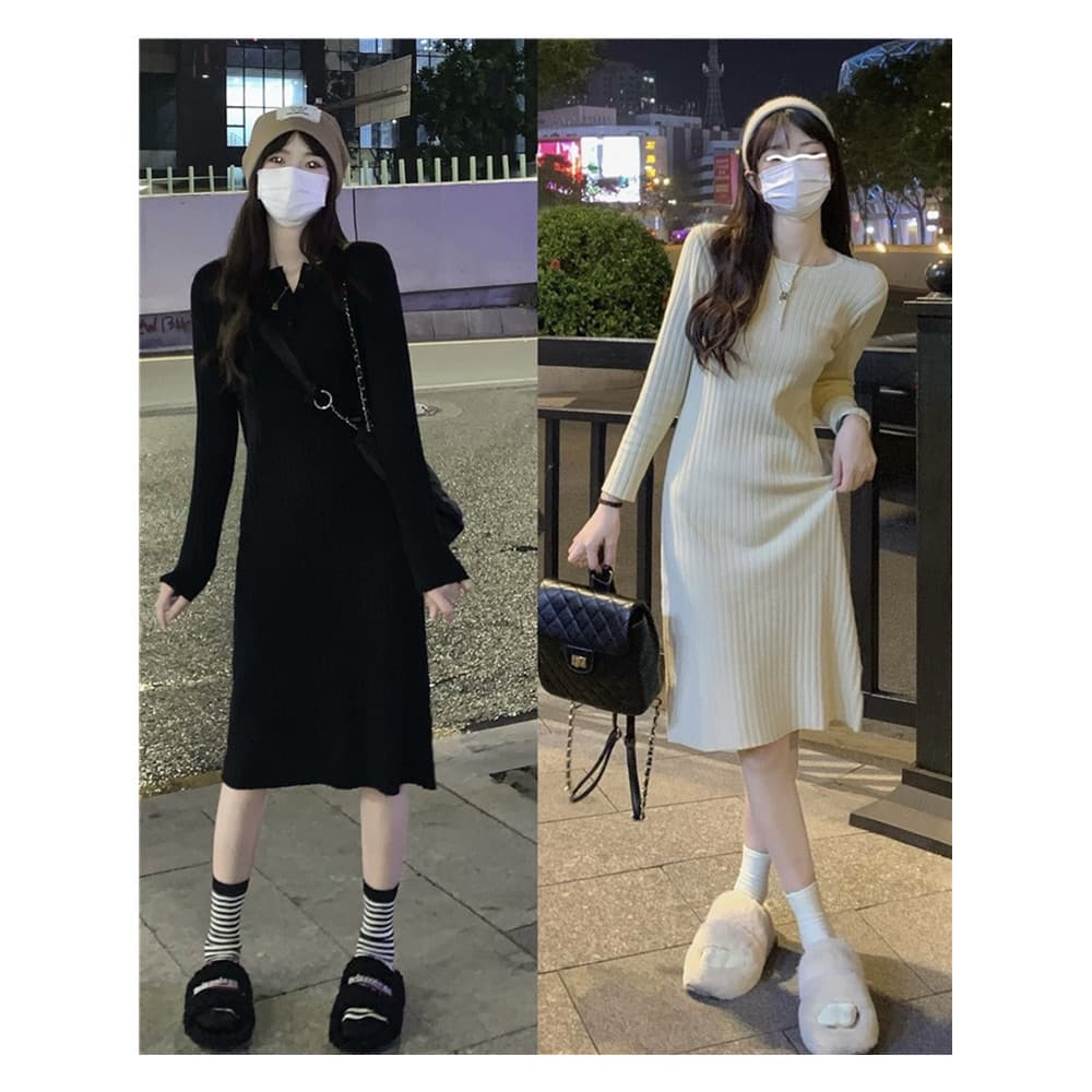 Vestido suéter com casaco feminino outono inverno comprimento médio acima do joelho vestido de malha Slim @-