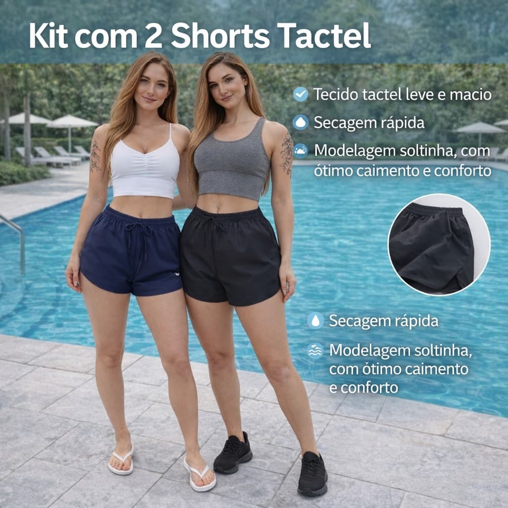 Short Feminino Tactel Shortinho Versátil para Academia, Praia, Viagem e Looks Casuais kit com 2 Peças