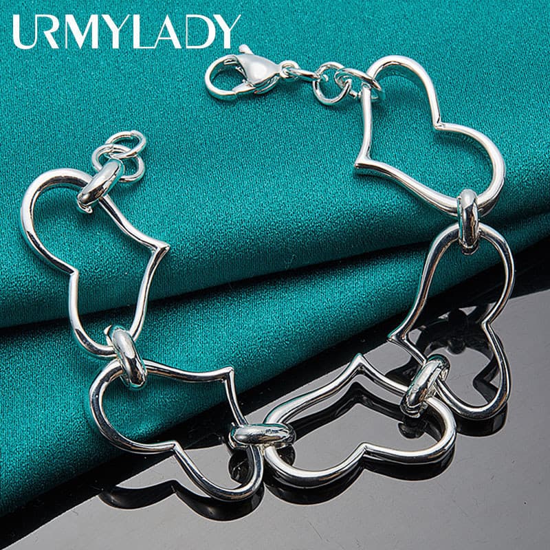 URMYLADY 925 Prata Esterlina Grande Coração Quadro Corrente Pulseira Para Mulheres Festa De Casamento Moda Jóias