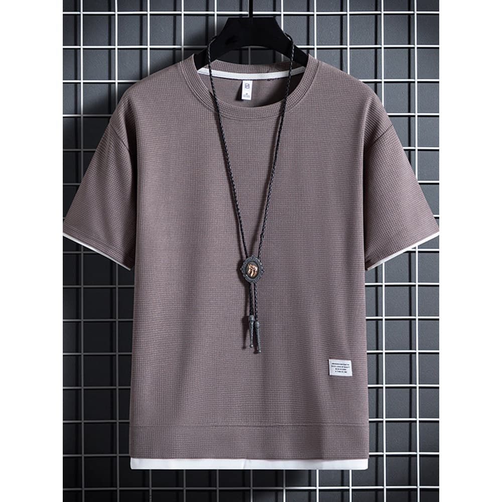 Camiseta de manga curta masculina verão All-Match falso de duas peças verão Waffle manga curta corpo camiseta masculina
