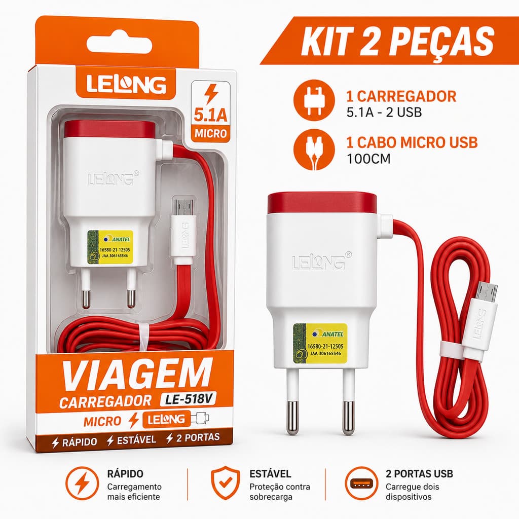 Kit 2 Carregadores 5.1A V8 + 2 USB Carga Rápida Lelong