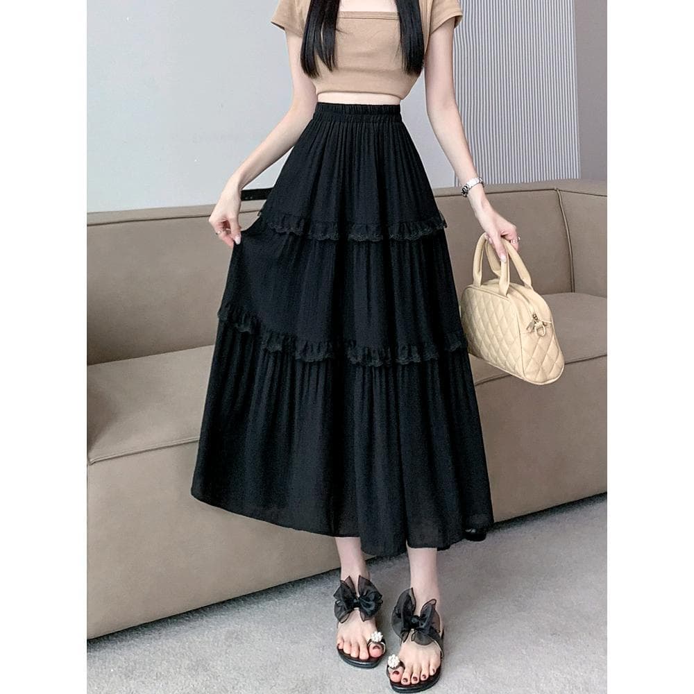 Super fada renda costura bolo saia feminina verão suave Drape cintura alta saia de comprimento médio versão coreana mais