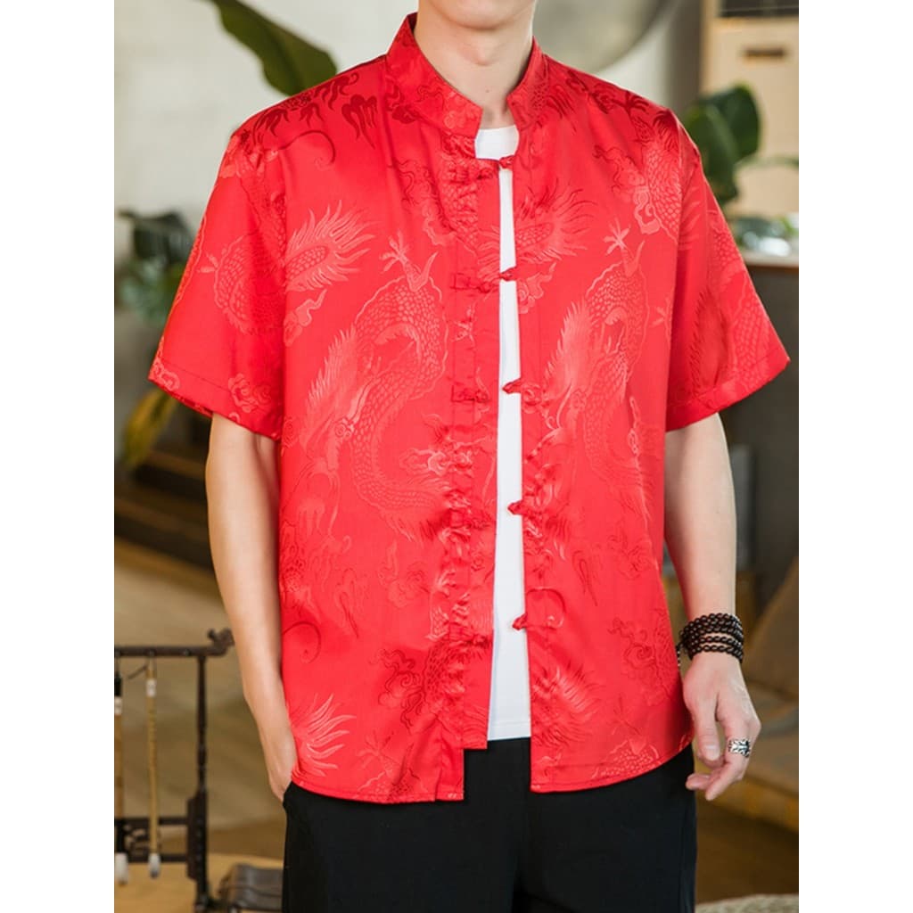 T Tang terno masculino estilo chinês dragão padrão camisa de manga curta verão estilo chinês abotoado chinês gola alta c