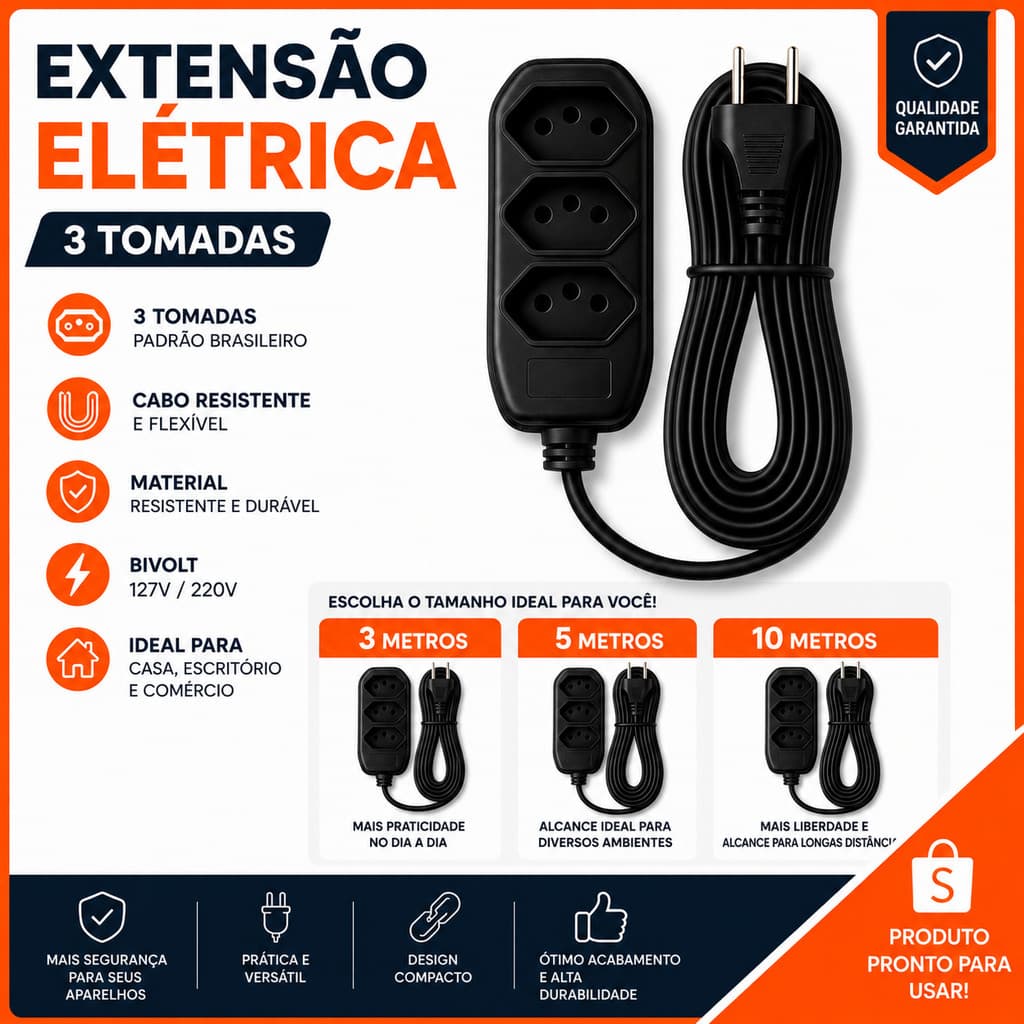 Extensão Elétrica 3 Tomadas 3 metros 5 metros 10 metros Bivolt Reforçado cabo prolongador de energia residencial