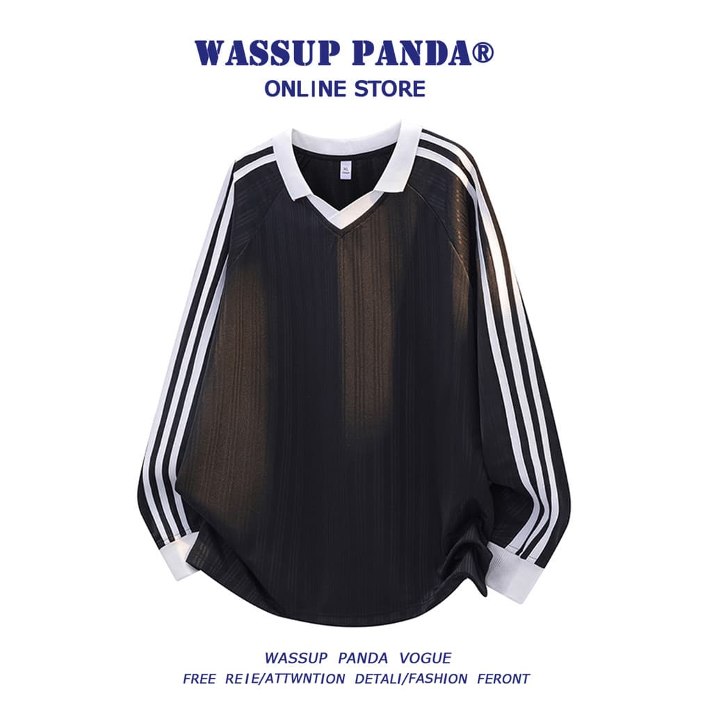 WASSUP PANDA Contraste Cor Listrado Com Decote Em V Camiseta De Manga Comprida Masculina Primavera Outono American Stree
