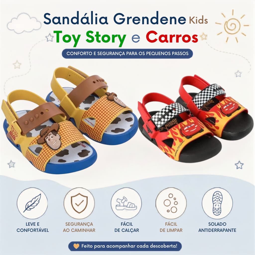 Sandália Bebê Infantil Grendene Kids Toy Story Carros Original Velcro Ajustável Antiderrapante