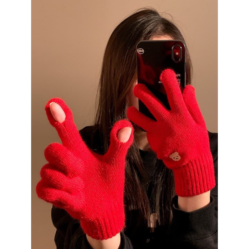 Bonito urso bordado vermelho malha luvas de lã feminino inverno tela sensível ao toque sem dedos quente à prova de frio