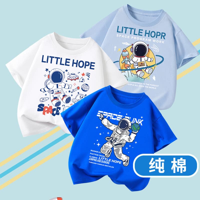 Street Wear roupas infantis meninos puro algodão manga curta camiseta 2026 verão crianças astronauta moda solta dos dese