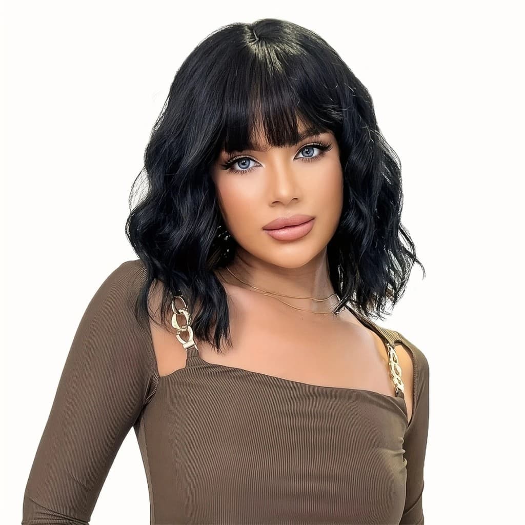 Peruca Orgânica Ondulada Com Franja Fibra Premium Lindíssima Top Hair MILA 1# PRETO INTENSO