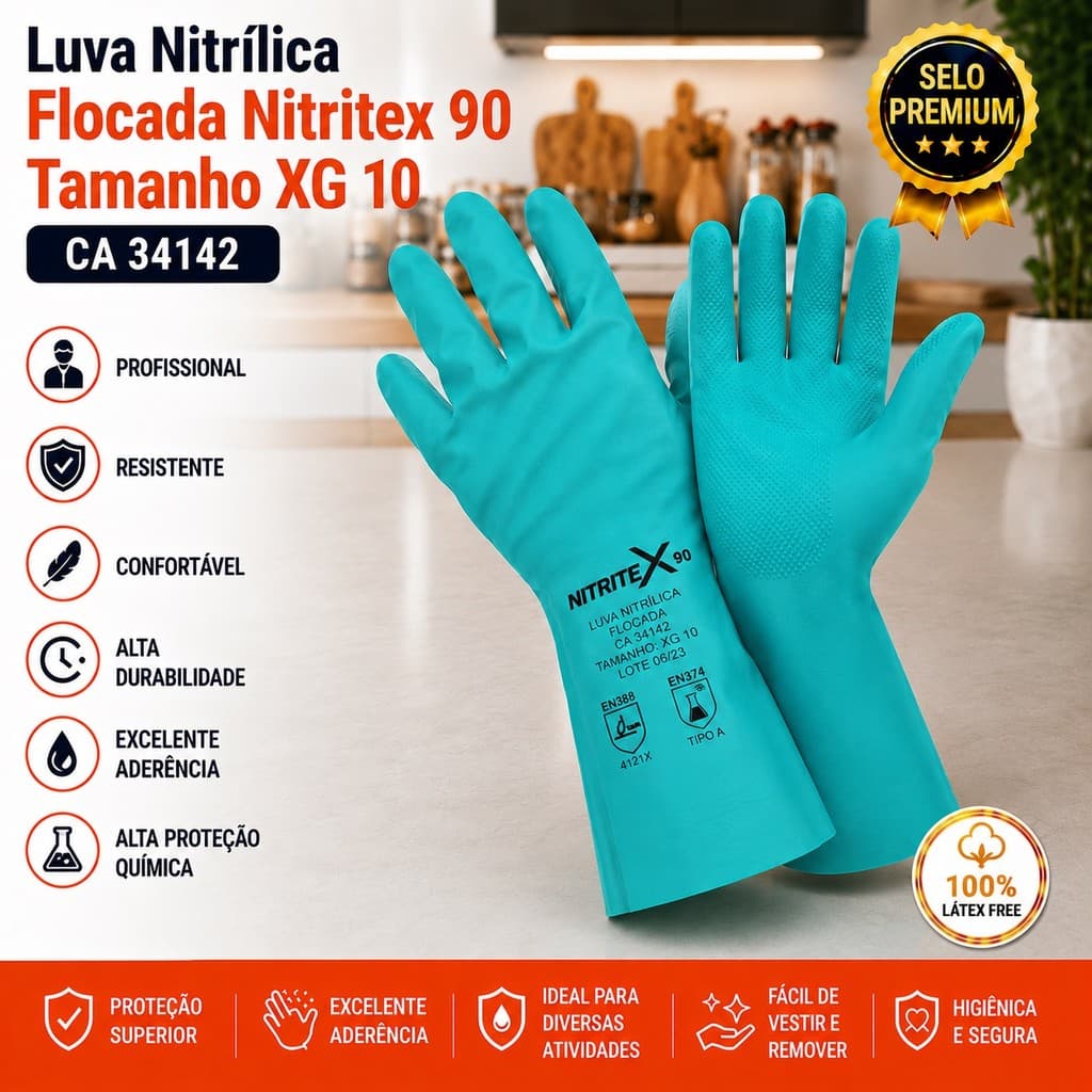 Luva Nitrílica Flocada Nitritex 90 Tamanho XG 10 CA 34142 – Profissional, Resistente, Confortável e de Alta Durabilidade