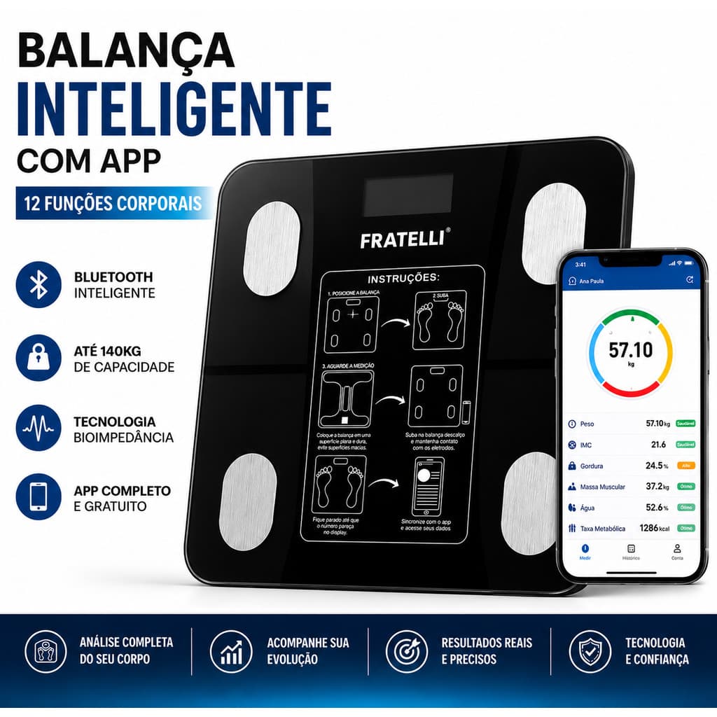 Balança Bioimpedância Inteligente Bluetooth App Digital 12 Funções Corporais Até 140kg Fratelli
