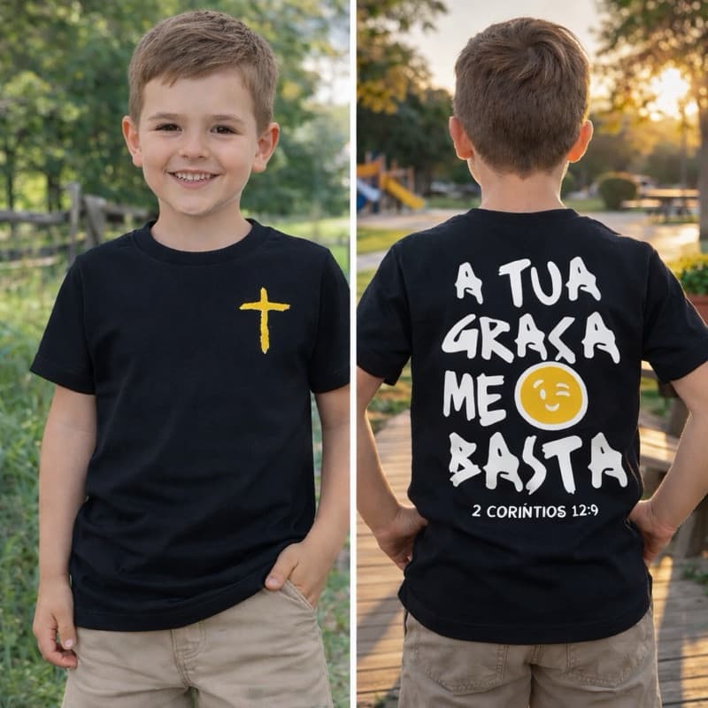 Camiseta Infantil Masculina Básica Menino Algodão Confortável Moda Infantil "A Tua Graça me Basta"