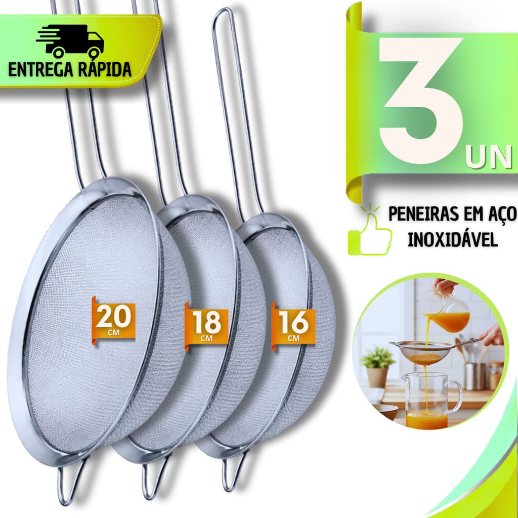 Combo Peneiras 20/18/16 cm Inox Cozinha Confeitaria Polvilhar Farinha Peneirar Suco Bebidas Utensílios