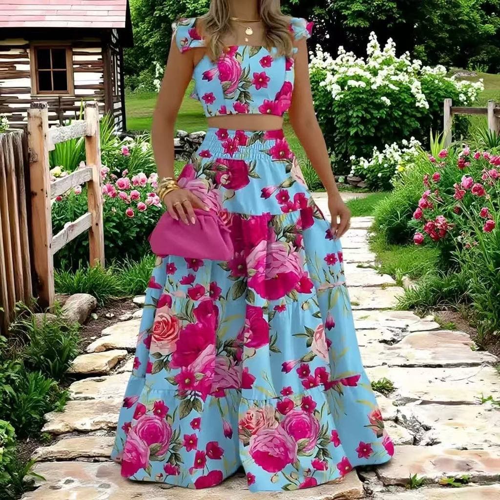 Conjunto de Vestido Sem Mangas Estilo Boêmio de Verão para Mulheres, Vestido Longo de Cintura Elástica em Cor Sólida ITL