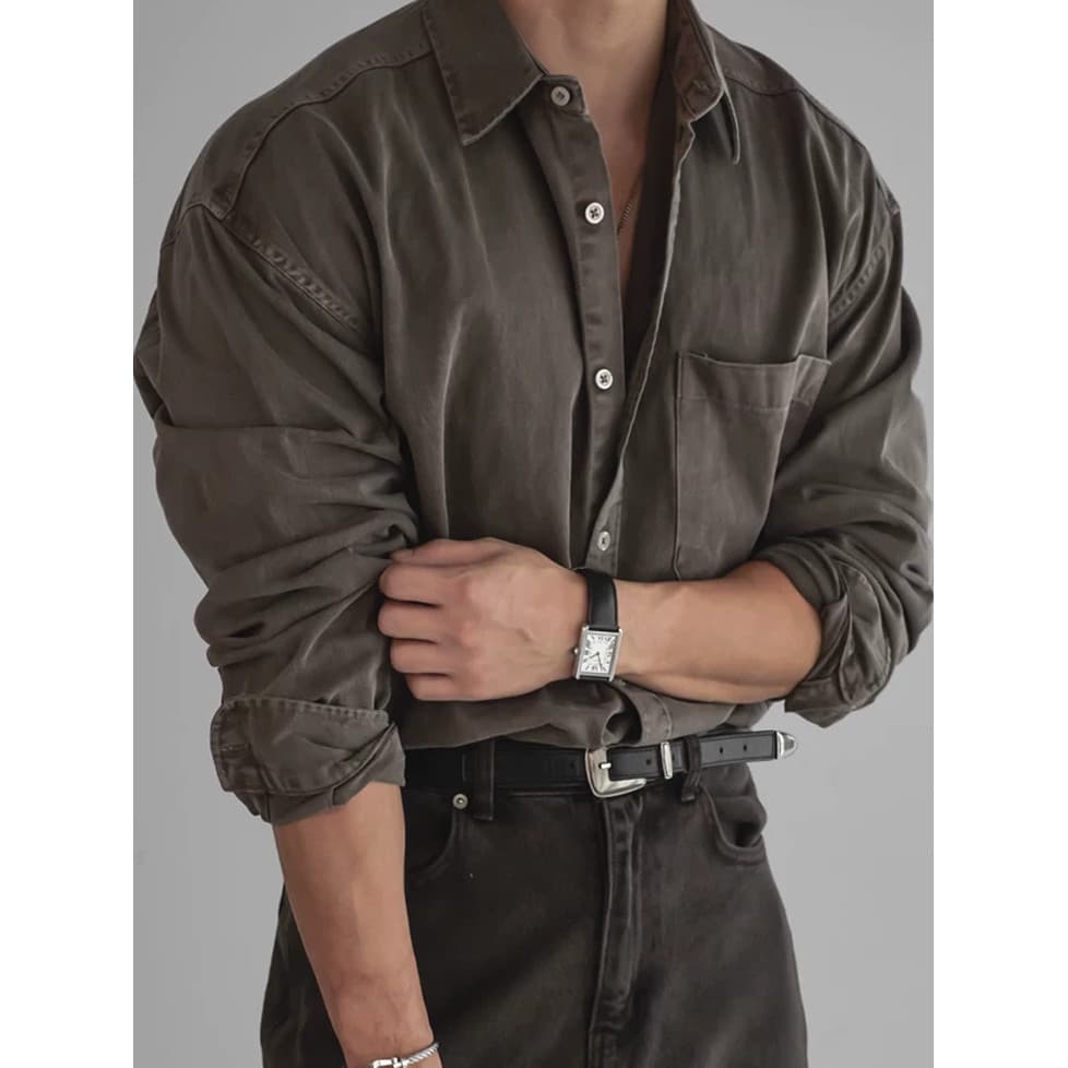 Europeu americano Retro marrom algodão linho camisa masculina resistente estilo cara Casual Workwear de manga comprida C
