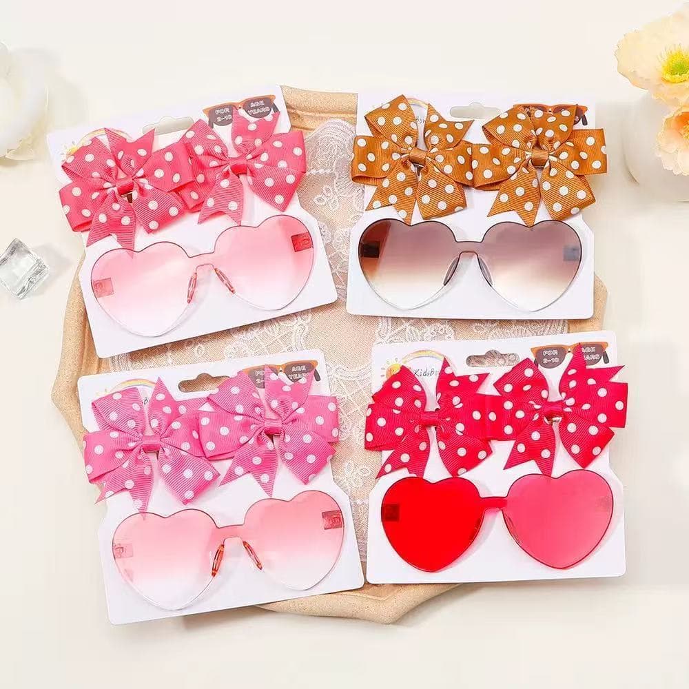 Kit Óculos Coração & Presilhas Laço Feminino | Envio Aleatório | Ideal Aniversário Piquenique Festa