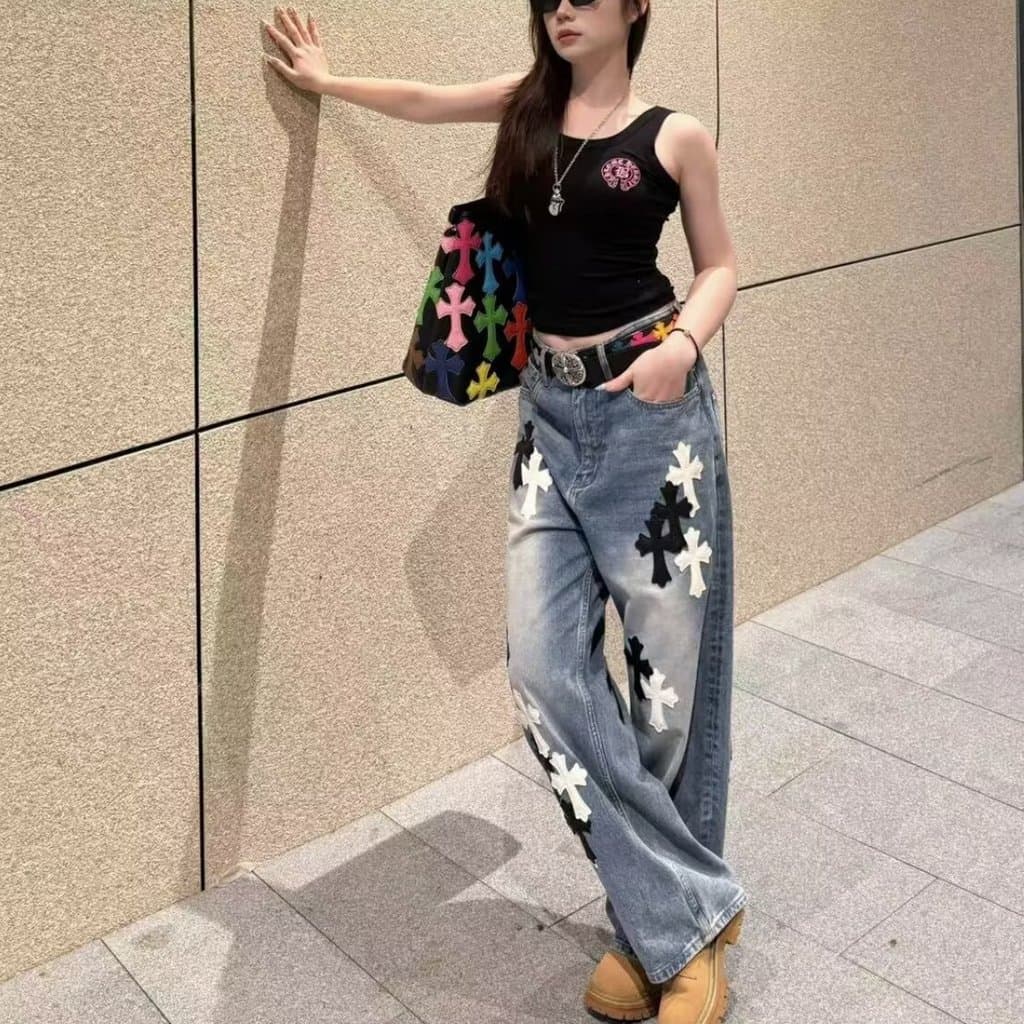 2025 primavera indústria pesada couro cruz bordado esfregar chão perna larga Jeans retos homens mulheres soltas luz luxo