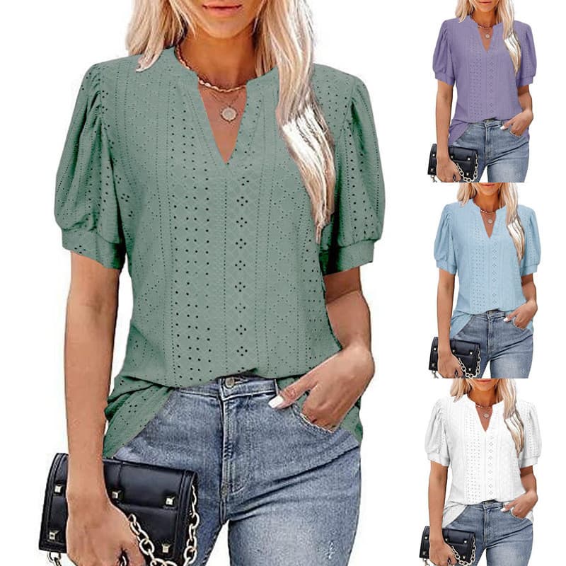 Camiseta Feminina Casual Com Decote Em V Cor Sólida Oca Manga Bufante Solta